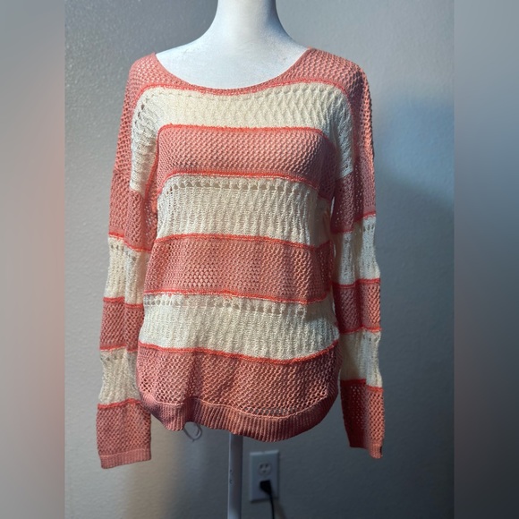 Gianni Bini Knit sheer Coral & white stripped Sweater women Size Medium - Picture 12 of 13